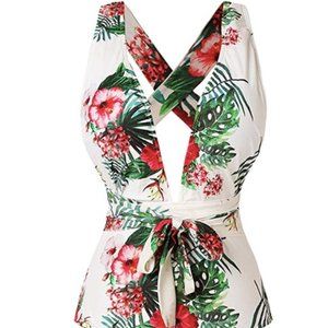 Deep V-Neck Cross Floral One-piece swimsuit